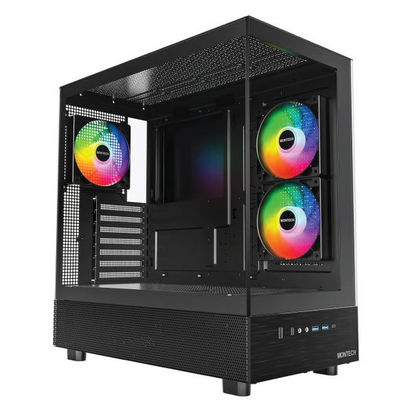 MONTECH XR, ATX Mid-Tower PC Gaming Case, 3 x 120mm ARGB PWM Fans Pre-Installed, Full-View Dual Tempered Glass Panel, Wood-Grain Design I/O Interface, Support 4090 GPUs, 360mm Radiator Support, Black