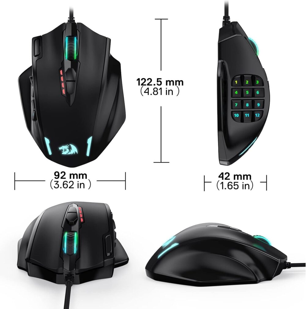 Redragon M908 Impact RGB LED MMO Mouse with Side Buttons Optical Wired Gaming Mouse with 12,400DPI, High Precision, 20 Programmable Mouse Buttons - Image 7