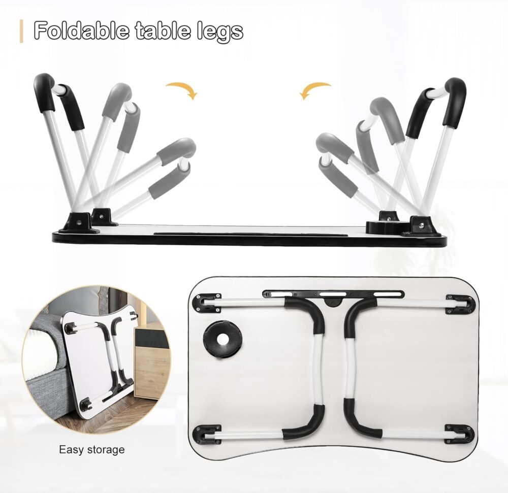 SKY-TOUCH Portable Folding Laptop Desk for Bed，With iPad and Cup Holder Adjustable Lap Tray Notebook Stand， Foldable Non-Slip Legs Reading Table Tray for working，studying，camping 60x40x28cm Black - Image 6