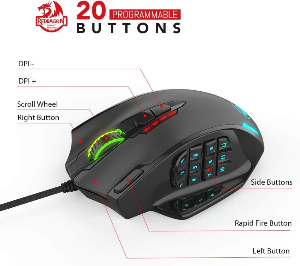 Redragon M908 Impact RGB LED MMO Mouse with Side Buttons Optical Wired Gaming Mouse with 12,400DPI, High Precision, 20 Programmable Mouse Buttons - Image 2