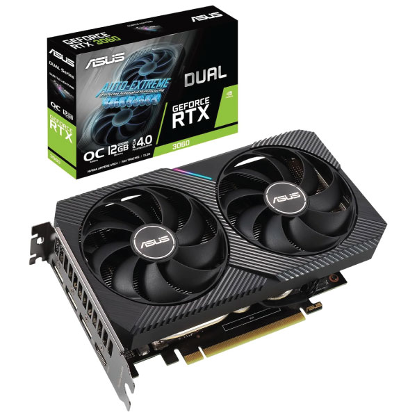 Asus Dual NVIDIA GeForce RTX 3060 V2 OC Edition Gaming Graphics Card, PCIe 4.0, 12GB GDDR6 Memory, HDMI 2.1, DisplayPort 1.4a, 2-Slot Design, 15Gbps, 192-bit - Black