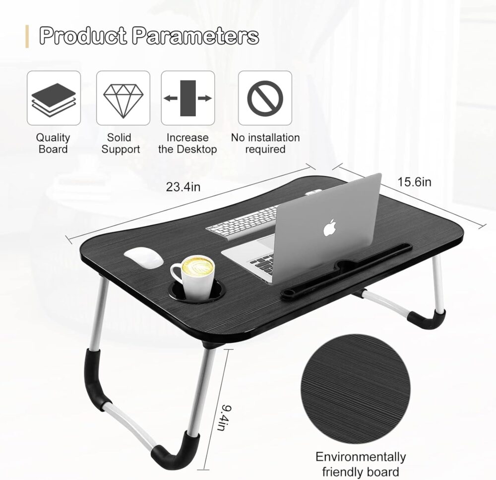SKY-TOUCH Portable Folding Laptop Desk for Bed，With iPad and Cup Holder Adjustable Lap Tray Notebook Stand， Foldable Non-Slip Legs Reading Table Tray for working，studying，camping 60x40x28cm Black - Image 7