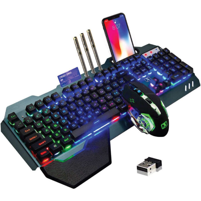 Doeek Wireless Gaming Keyboard and Mouse,Removable Hand Rest Mechanical Feel Keyboard and 16 Color Gaming Mute Mouse for PC Gamers (Black Rainbow)