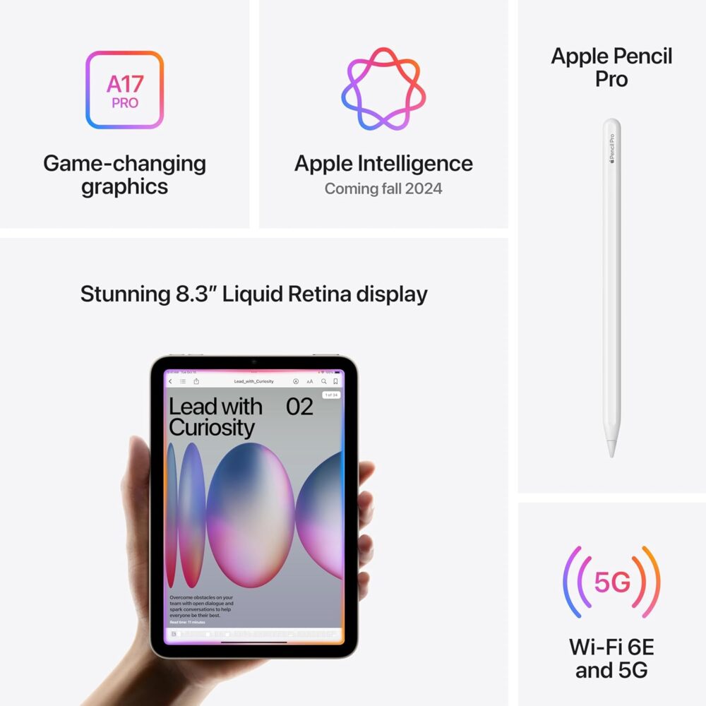 Apple iPad Mini (A17 Pro): Apple Intelligence, 8.3-inch Liquid Retina Display, 128GB, Wi-Fi 6E + 5G Cellular, 12MP Front/12MP Back Camera, Touch ID, All-Day Battery Life — Blue - Image 3