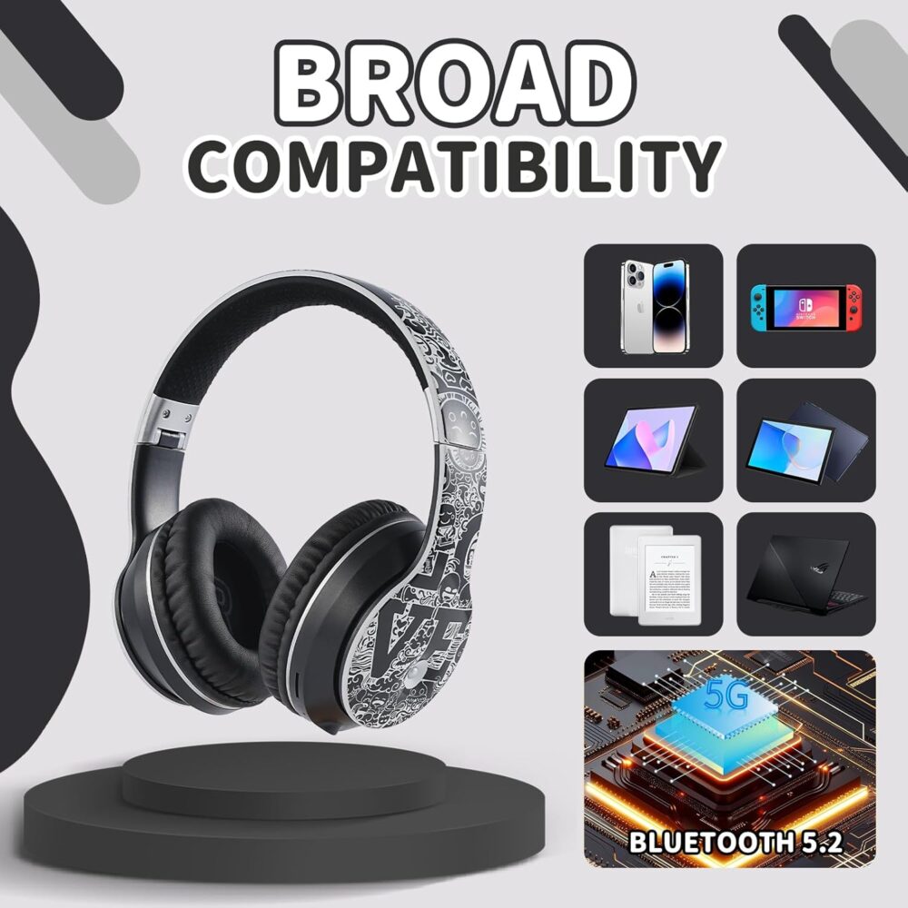Kids Bluetooth headset,Suitable for 3-21 years old children, wireless sports music game headset, protein ear pad painless long wear, suitable for mobile phones, tablets, laptops. (Black and white) - Image 2