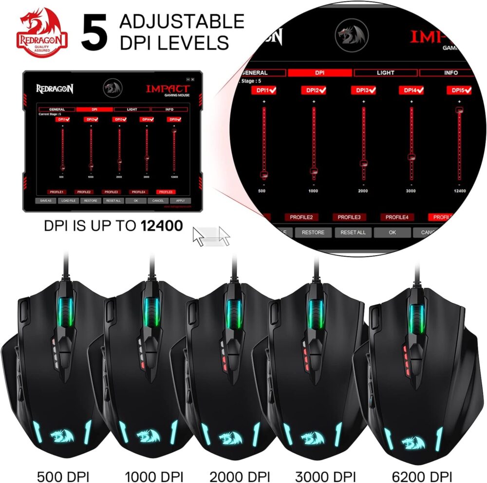 Redragon M908 Impact RGB LED MMO Mouse with Side Buttons Optical Wired Gaming Mouse with 12,400DPI, High Precision, 20 Programmable Mouse Buttons - Image 4