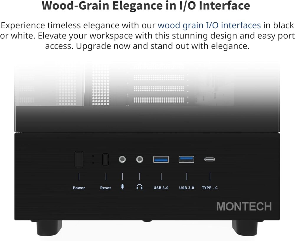 MONTECH XR, ATX Mid-Tower PC Gaming Case, 3 x 120mm ARGB PWM Fans Pre-Installed, Full-View Dual Tempered Glass Panel, Wood-Grain Design I/O Interface, Support 4090 GPUs, 360mm Radiator Support, Black - Image 2