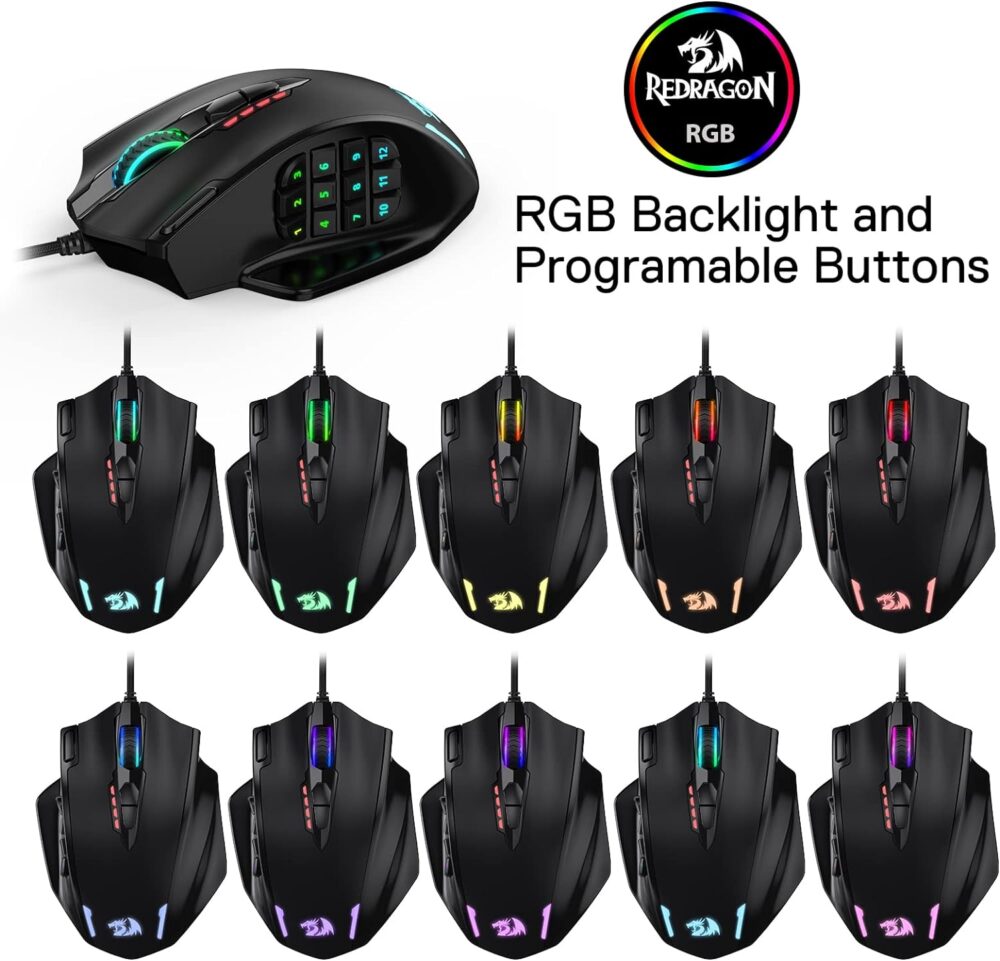 Redragon M908 Impact RGB LED MMO Mouse with Side Buttons Optical Wired Gaming Mouse with 12,400DPI, High Precision, 20 Programmable Mouse Buttons - Image 6
