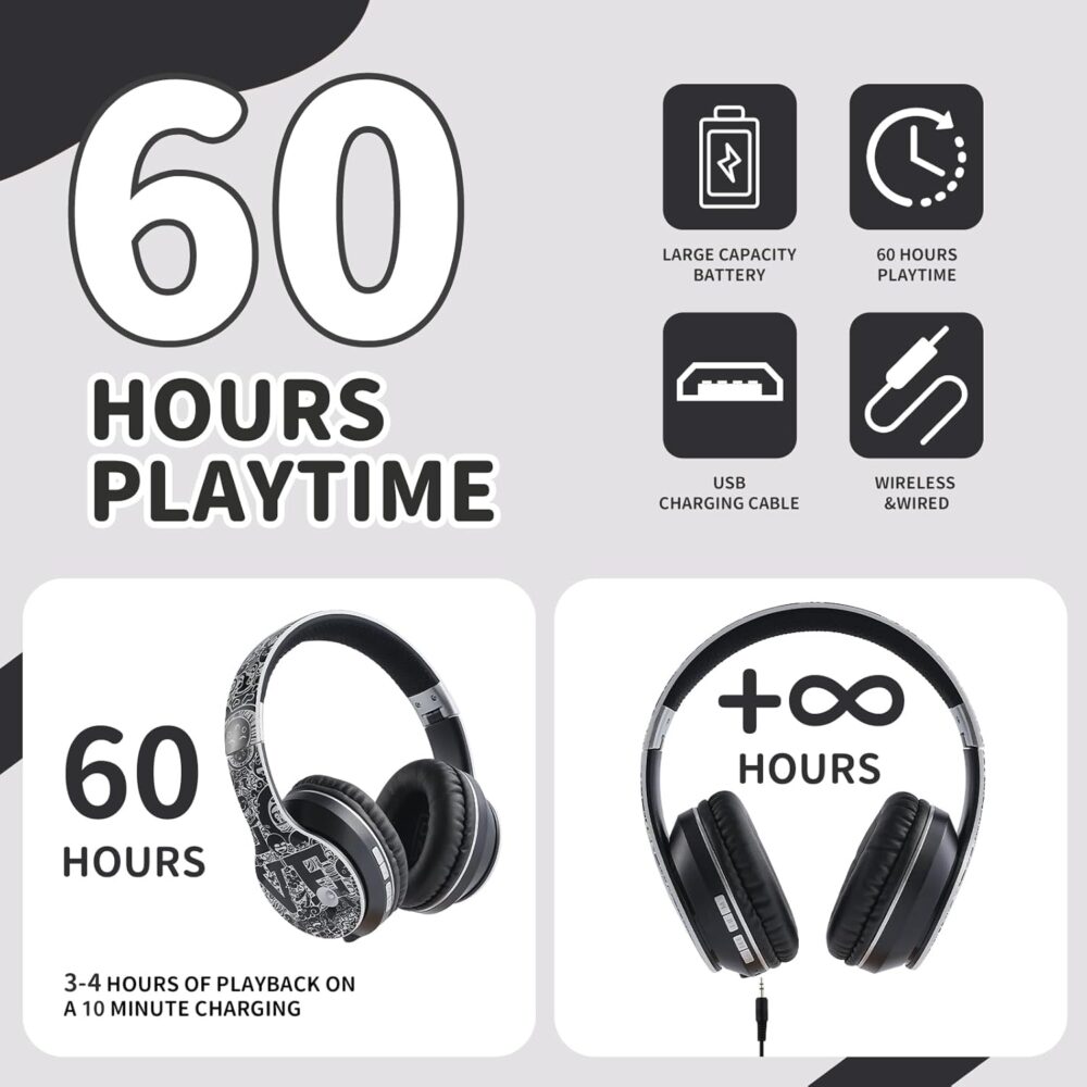 Kids Bluetooth headset,Suitable for 3-21 years old children, wireless sports music game headset, protein ear pad painless long wear, suitable for mobile phones, tablets, laptops. (Black and white) - Image 3