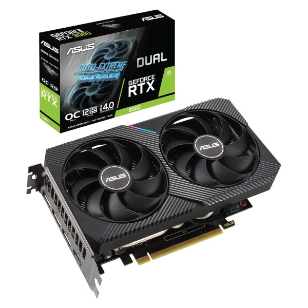 Asus Dual NVIDIA GeForce RTX 3060 V2 OC Edition Gaming Graphics Card, PCIe 4.0, 12GB GDDR6 Memory, HDMI 2.1, DisplayPort 1.4a, 2-Slot Design, 15Gbps, 192-bit - Black