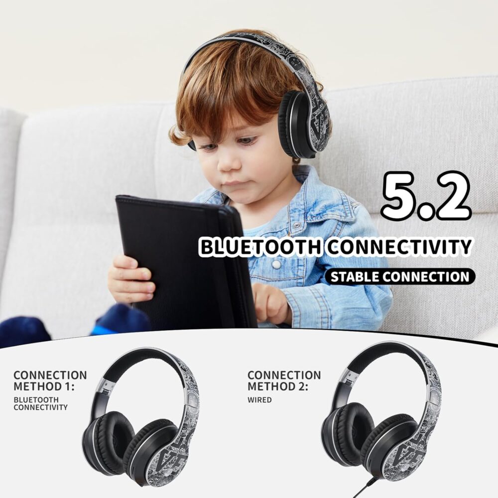 Kids Bluetooth headset,Suitable for 3-21 years old children, wireless sports music game headset, protein ear pad painless long wear, suitable for mobile phones, tablets, laptops. (Black and white) - Image 6