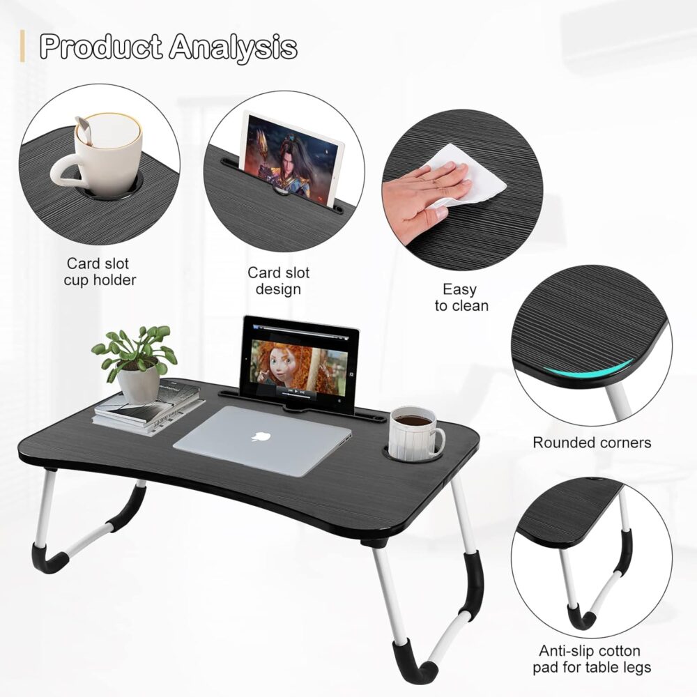 SKY-TOUCH Portable Folding Laptop Desk for Bed，With iPad and Cup Holder Adjustable Lap Tray Notebook Stand， Foldable Non-Slip Legs Reading Table Tray for working，studying，camping 60x40x28cm Black - Image 2