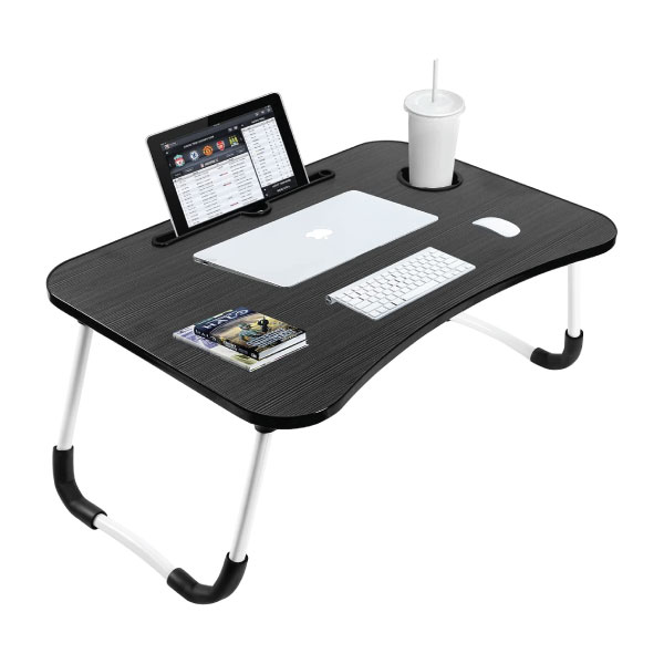 SKY-TOUCH Portable Folding Laptop Desk for Bed，With iPad and Cup Holder Adjustable Lap Tray Notebook Stand， Foldable Non-Slip Legs Reading Table Tray for working，studying，camping 60x40x28cm Black