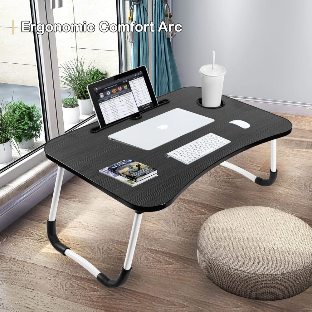 SKY-TOUCH Portable Folding Laptop Desk for Bed，With iPad and Cup Holder Adjustable Lap Tray Notebook Stand， Foldable Non-Slip Legs Reading Table Tray for working，studying，camping 60x40x28cm Black - Image 4