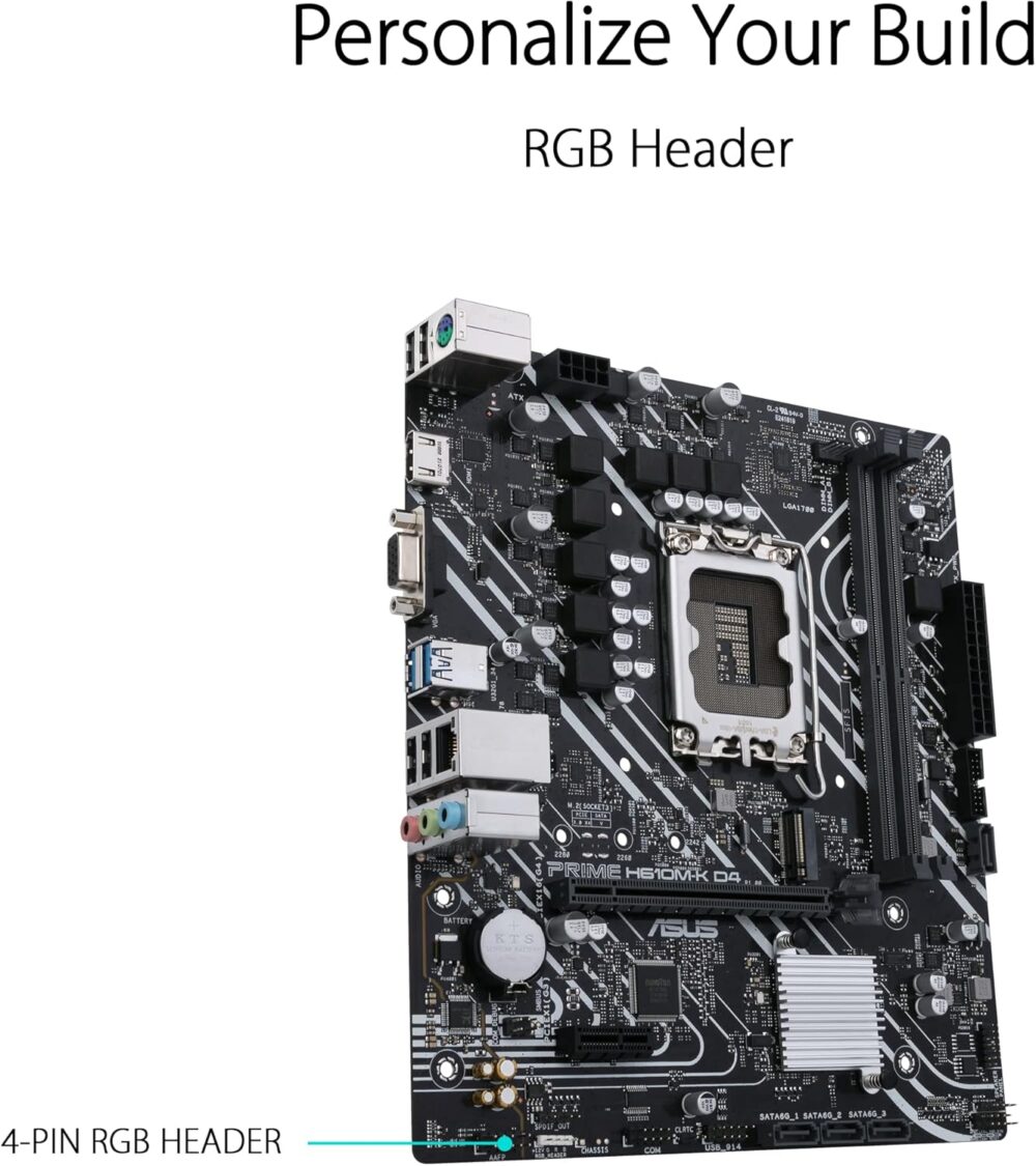 ASUS Prime H610M-K D4, LGA 1700, mATX Gaming Motherboard, DDR4, PCIe 4.0, M.2 slot, Realtek 1 Gb Ethernet, SATA 6 Gbps - Black - Image 6