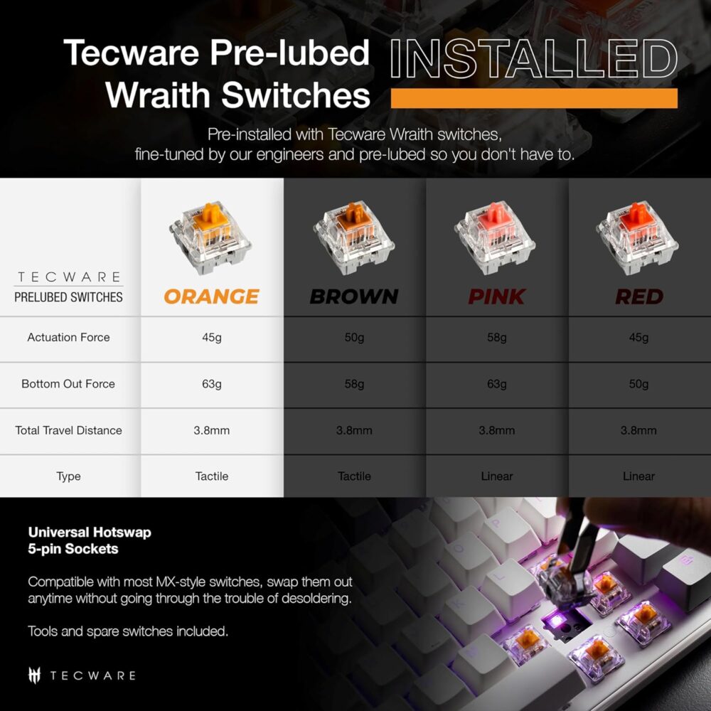 TECWARE ELITE Phantom+ 87-Key RGB Wireless / BT5.0 Mechanical Keyboard (Black) Wraith Orange Switch (Prelubed, 45g Tactile) Per Key Color and Lighting - Image 6