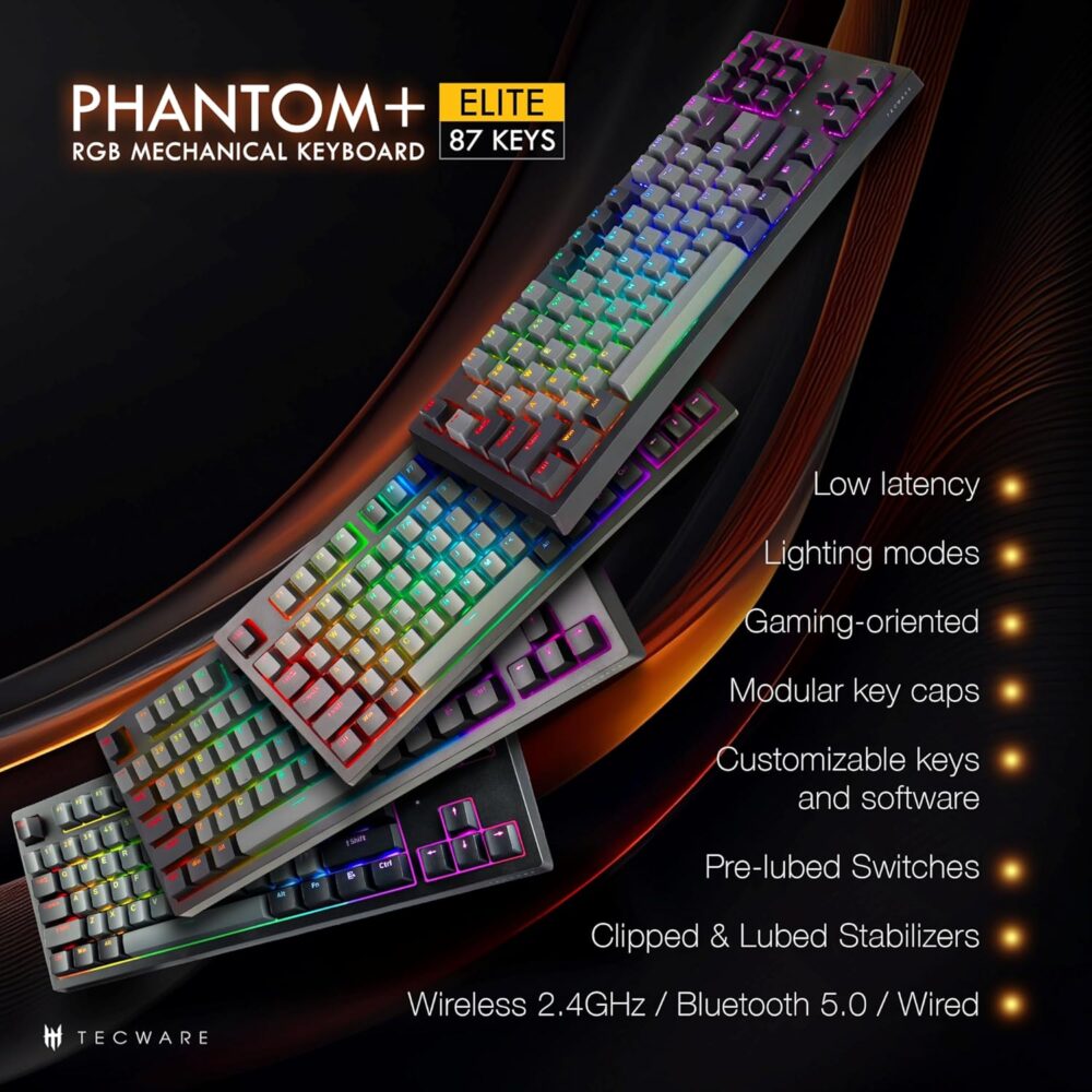 TECWARE ELITE Phantom+ 87-Key RGB Wireless / BT5.0 Mechanical Keyboard (Black) Wraith Orange Switch (Prelubed, 45g Tactile) Per Key Color and Lighting - Image 3