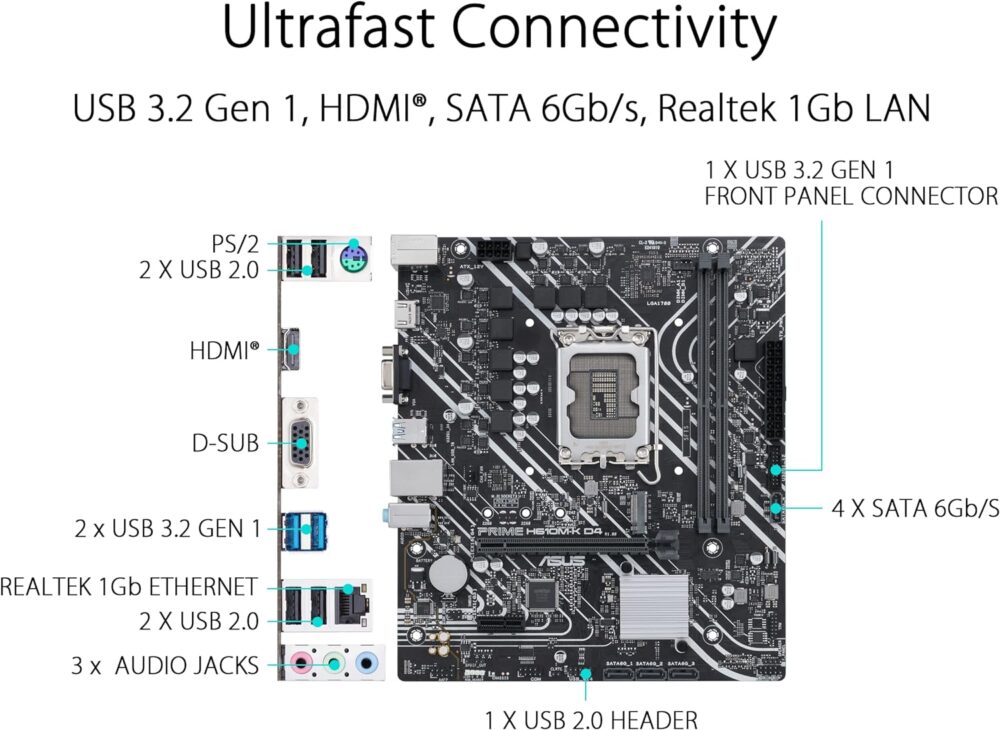 ASUS Prime H610M-K D4, LGA 1700, mATX Gaming Motherboard, DDR4, PCIe 4.0, M.2 slot, Realtek 1 Gb Ethernet, SATA 6 Gbps - Black - Image 4