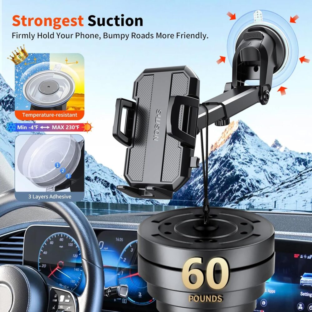 Upgraded 3-in-1 Car Phone Holder Mount [Powerful Suction] Phone Mount for Car Dashboard Air Vent Windshield,for All iPhone Android Phone (Black) - Image 6
