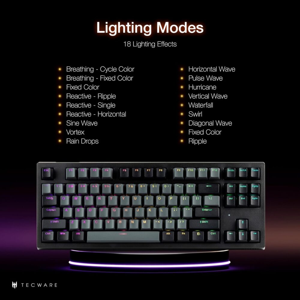 TECWARE ELITE Phantom+ 87-Key RGB Wireless / BT5.0 Mechanical Keyboard (Black) Wraith Orange Switch (Prelubed, 45g Tactile) Per Key Color and Lighting - Image 5