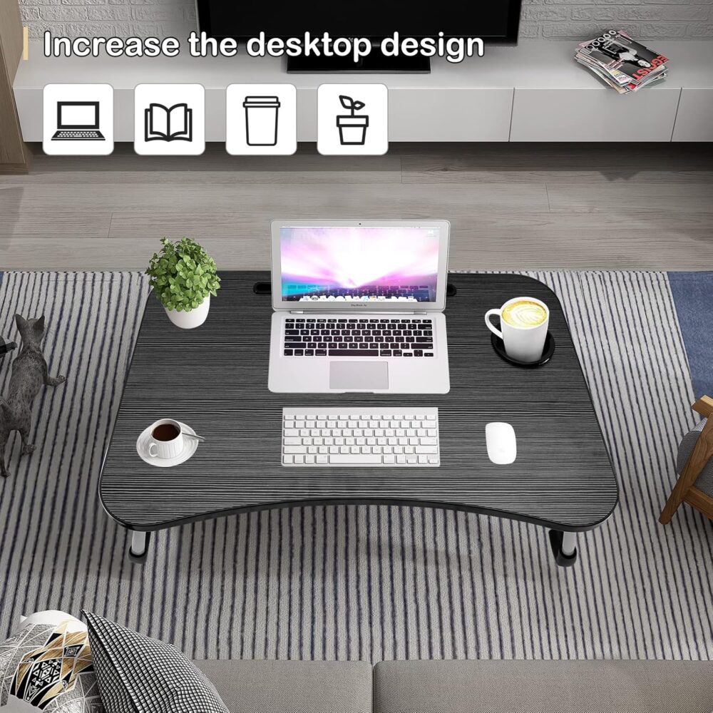 SKY-TOUCH Portable Folding Laptop Desk for Bed，With iPad and Cup Holder Adjustable Lap Tray Notebook Stand， Foldable Non-Slip Legs Reading Table Tray for working，studying，camping 60x40x28cm Black - Image 3