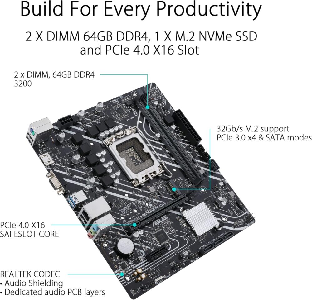 ASUS Prime H610M-K D4, LGA 1700, mATX Gaming Motherboard, DDR4, PCIe 4.0, M.2 slot, Realtek 1 Gb Ethernet, SATA 6 Gbps - Black - Image 5