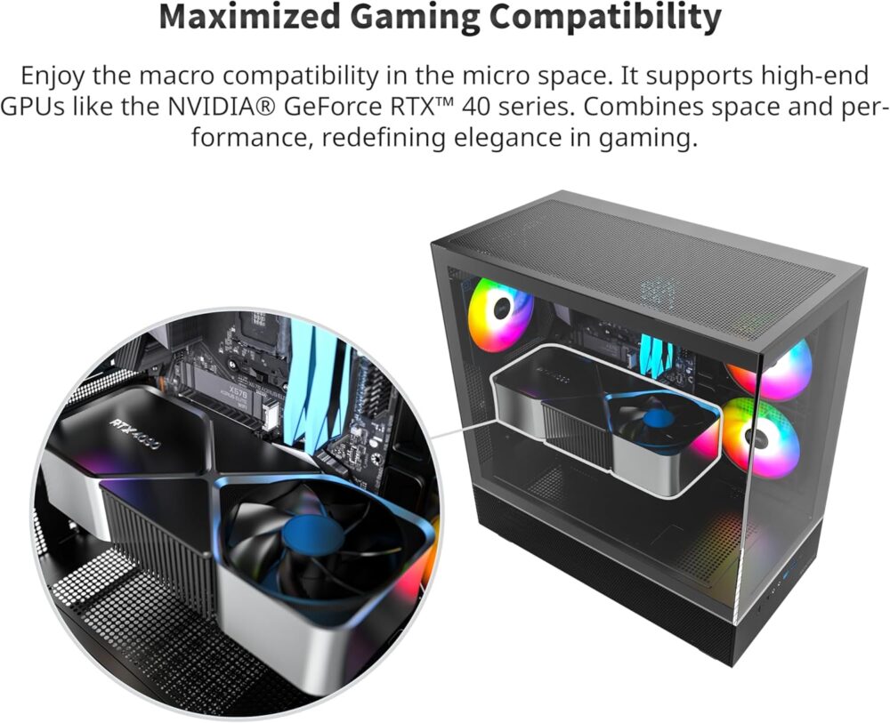 MONTECH XR, ATX Mid-Tower PC Gaming Case, 3 x 120mm ARGB PWM Fans Pre-Installed, Full-View Dual Tempered Glass Panel, Wood-Grain Design I/O Interface, Support 4090 GPUs, 360mm Radiator Support, Black - Image 4