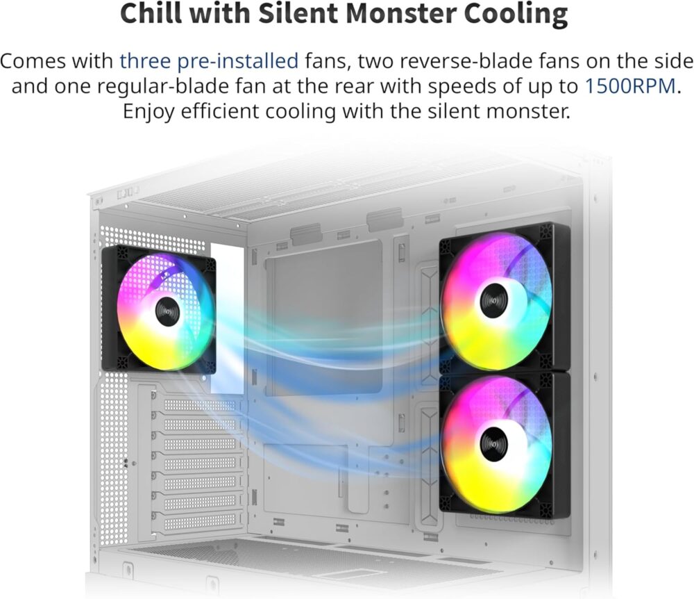 MONTECH XR, ATX Mid-Tower PC Gaming Case, 3 x 120mm ARGB PWM Fans Pre-Installed, Full-View Dual Tempered Glass Panel, Wood-Grain Design I/O Interface, Support 4090 GPUs, 360mm Radiator Support, Black - Image 5