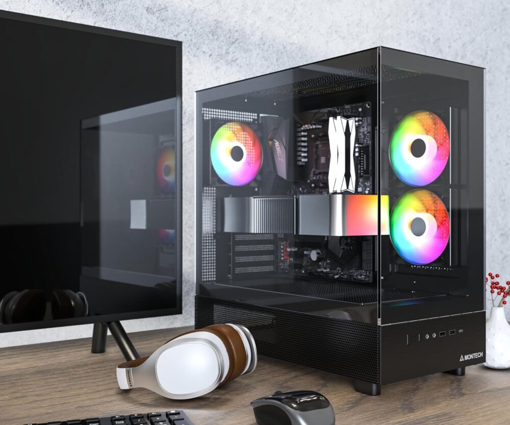MONTECH XR, ATX Mid-Tower PC Gaming Case, 3 x 120mm ARGB PWM Fans Pre-Installed, Full-View Dual Tempered Glass Panel, Wood-Grain Design I/O Interface, Support 4090 GPUs, 360mm Radiator Support, Black - Image 6