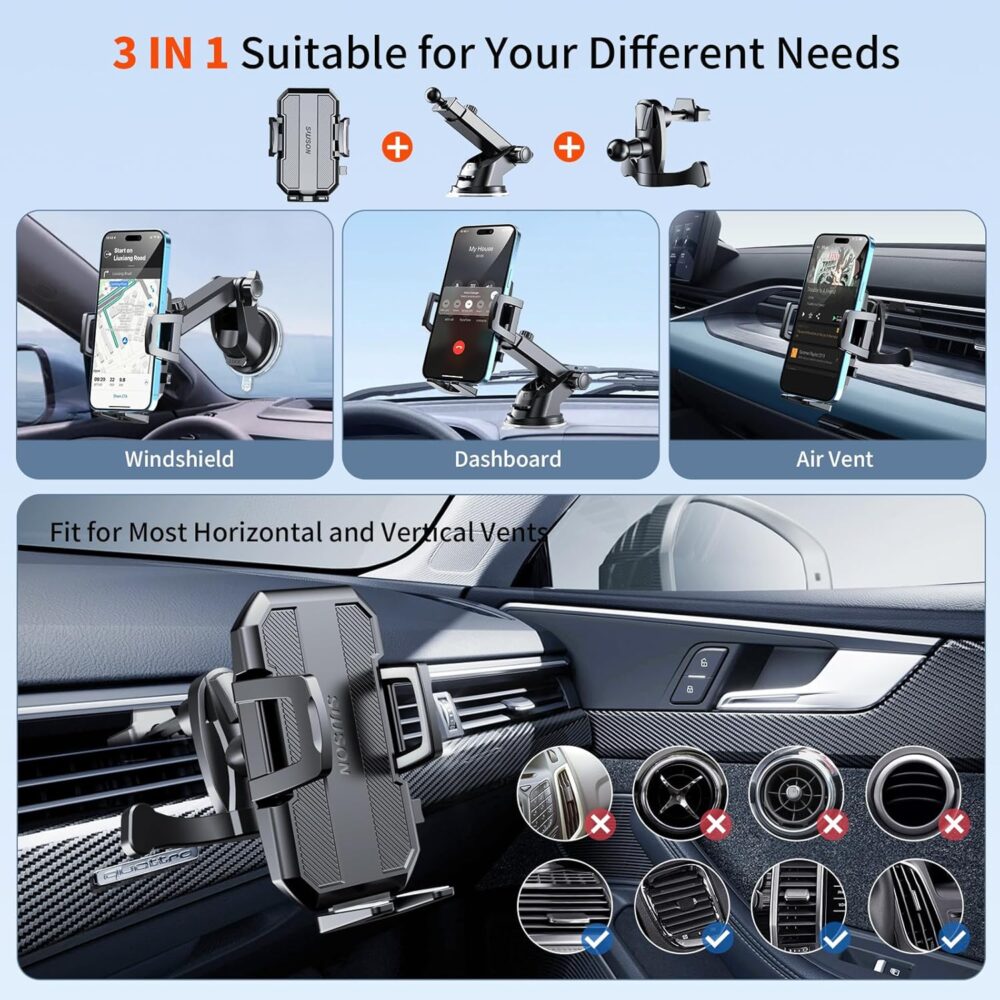 Upgraded 3-in-1 Car Phone Holder Mount [Powerful Suction] Phone Mount for Car Dashboard Air Vent Windshield,for All iPhone Android Phone (Black) - Image 5