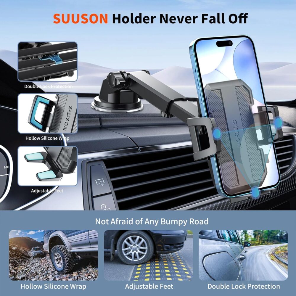 Upgraded 3-in-1 Car Phone Holder Mount [Powerful Suction] Phone Mount for Car Dashboard Air Vent Windshield,for All iPhone Android Phone (Black) - Image 7