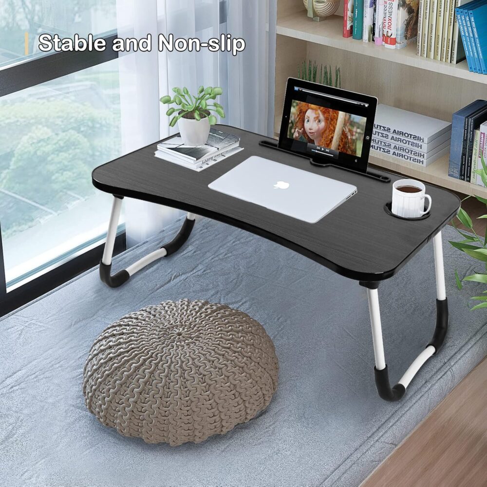 SKY-TOUCH Portable Folding Laptop Desk for Bed，With iPad and Cup Holder Adjustable Lap Tray Notebook Stand， Foldable Non-Slip Legs Reading Table Tray for working，studying，camping 60x40x28cm Black - Image 5