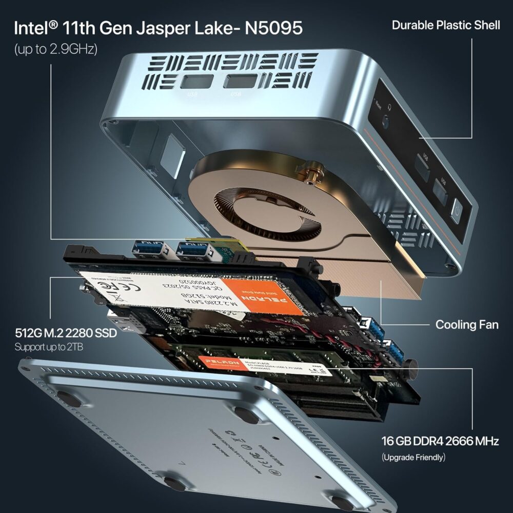 PELADN WI-4 Mini PC, Intel 11th Gen N5095(up to 2.9GHz) Win11 Pro, 16GB DDR4, 512GB SSD, Small Desktop PC with 4K HD, BT4.2, Dual HDMI Ports, 2.4G/5G WiFi, and Gigabit Ethernet Support - Image 5